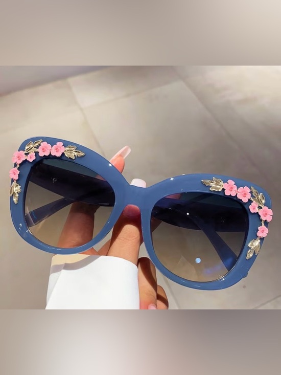 Accessories - Blue Floral Embellished Oversized Sunglasses